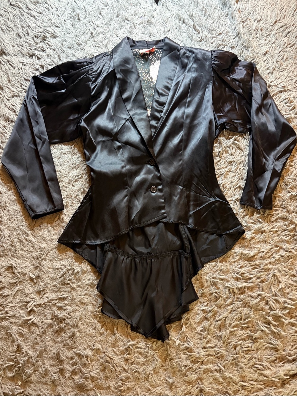 Vintage 80s black Diamond’s Run mesh panel back tiered ruffled tailcoat blazer